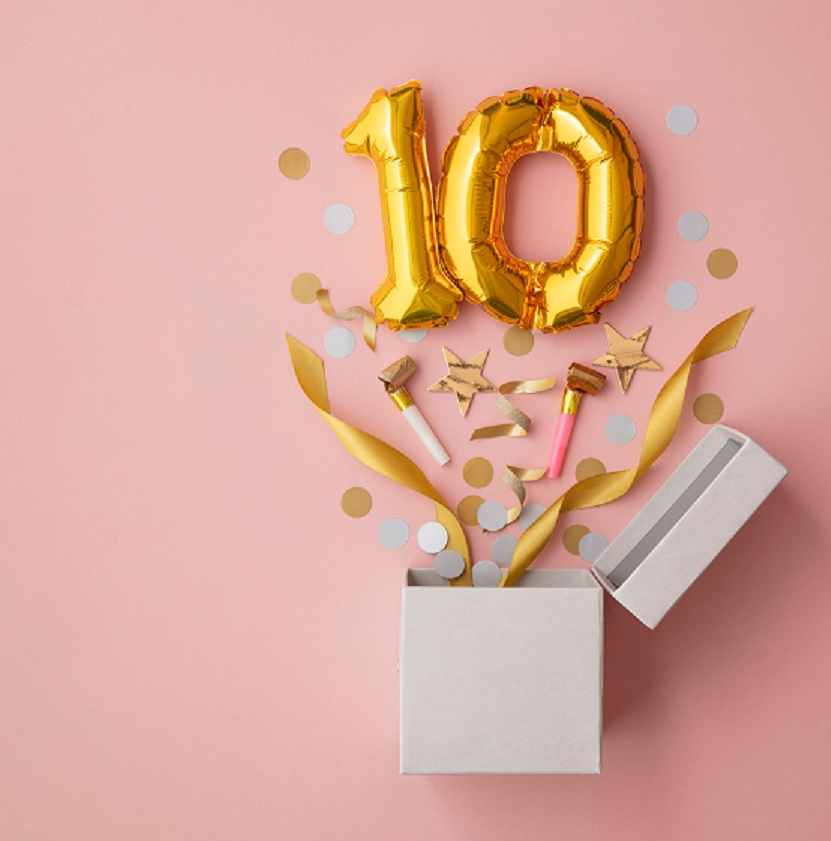 Number,10,Birthday,Balloon,Celebration,Gift,Box,Lay,Flat,Explosion